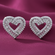 925 Silver Baguette CZ Pave Open Heart Stud Earrings