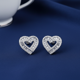 925 Silver Baguette CZ Pave Open Heart Stud Earrings
