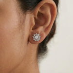 Luxury crystal snowflake stud earrings with floral halo design and sparkling white stones for women.
