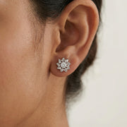 Luxury crystal snowflake stud earrings with floral halo design and sparkling white stones for women.
