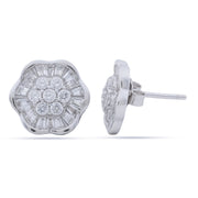 925 Silver Baguette Cubic Zirconia Floral Cluster Stud Earrings