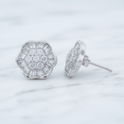 925 Silver Baguette Cubic Zirconia Floral Cluster Stud Earrings