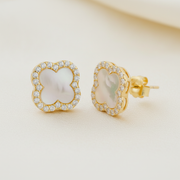 Luxe Clover Mother of Pearl Silver Stud Earrings