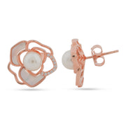 Rose Gold Bloom Pearl Studs | 925 Silver Fine Jewellery