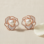 Rose Gold Bloom Pearl Studs | 925 Silver Fine Jewellery