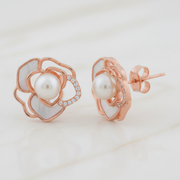 Rose Gold Bloom Pearl Studs | 925 Silver Fine Jewellery