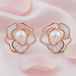 Rose Gold Bloom Pearl Studs | 925 Silver Fine Jewellery
