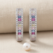 Sterling Silver Multi-Gem Baguette Hoop Earrings