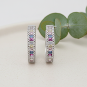 Sterling Silver Multi-Gem Baguette Hoop Earrings