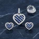 Blue heart halo pendant and stud earrings jewellery set with sparkling crystal border and elegant silver finish
