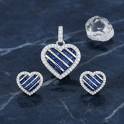 Blue heart halo pendant and stud earrings jewellery set with sparkling crystal border and elegant silver finish
