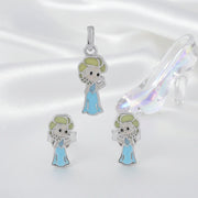 Cute frozen princess charm jewelry set with blue enamel pendant and matching stud earrings
