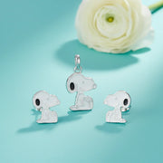 Cute Snoopy enamel pendant and stud earrings jewellery set in silver finish with cartoon dog design

