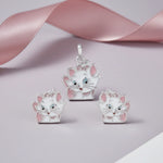 Cute pink kitty charm jewellery set with matching pendant and earrings featuring cartoon cat design and enamel detailing.
