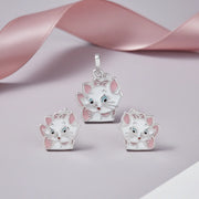Cute pink kitty charm jewellery set with matching pendant and earrings featuring cartoon cat design and enamel detailing.
