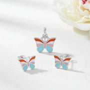 Pastel butterfly jewellery set with colourful enamel pendant and matching stud earrings
