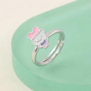 Cute bow kitty adjustable ring with pink enamel detailing and pastel kawaii design for girls and women.

