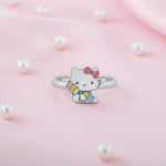 Cute kitty bow adjustable ring with colourful enamel design and glossy silver finish for women and girls
