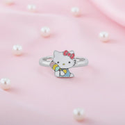 Cute kitty bow adjustable ring with colourful enamel design and glossy silver finish for women and girls
