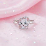Cute kitty adjustable ring with pink enamel details and glossy silver finish for women and girls
