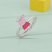 Cute Peppa pink cartoon adjustable ring with pink enamel detailing and silver finish for girls and kawaii jewellery lovers.
