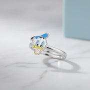 Cute Donald Duck cartoon adjustable ring with blue enamel detailing and polished silver finish for women and girls.
