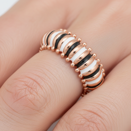 Rose Gold Enamel Bobble Ring - Black & White Stripe Band
