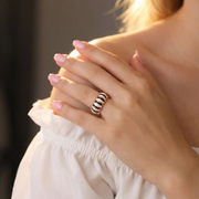 Rose Gold Enamel Bobble Ring - Black & White Stripe Band