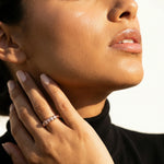Rose gold baguette crystal band ring with textured design and sparkling stone accents for women
