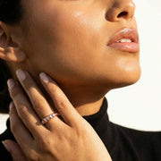Rose gold baguette crystal band ring with textured design and sparkling stone accents for women
