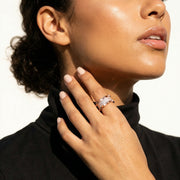 Rose gold crystal band ring with sparkling stones and bold geometric luxury design for women
