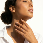 Rose gold geometric diamond band ring with sparkling crystal accents and polished luxury finish for women
