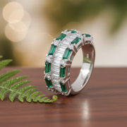 Emerald & White Baguette Statement Ring - 925 Silver
