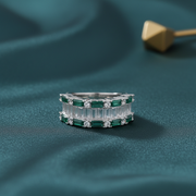 Emerald & White Baguette Statement Ring - 925 Silver