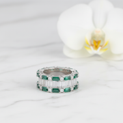Emerald & White Baguette Statement Ring - 925 Silver