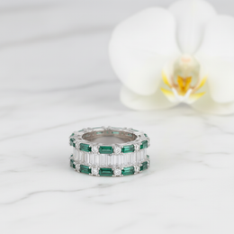 Emerald & White Baguette Statement Ring - 925 Silver