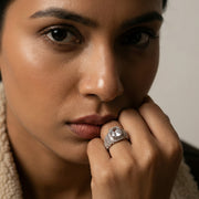 Luxury cushion cut crystal statement ring with sparkling pave band in silver finish for women
