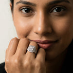 Luxury radiant halo crystal ring with geometric multi-stone design and sparkling white crystals for women
