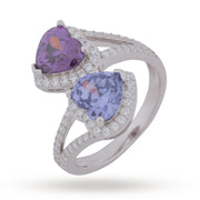 Amethyst & Tanzanite Heart Bypass Ring - 925 Silver