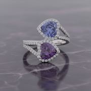 Amethyst & Tanzanite Heart Bypass Ring - 925 Silver
