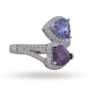 Amethyst & Tanzanite Heart Bypass Ring - 925 Silver