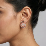 Rose gold blush pearl halo stud earrings with sparkling crystal accents for women’s elegant party wear jewellery.
