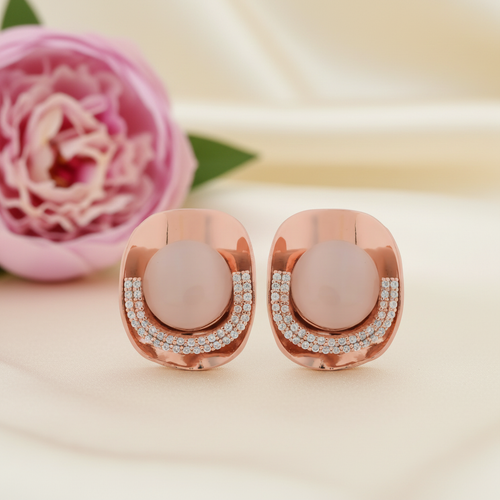 Rose Quartz & Zirconia 925 Silver Stud Earrings