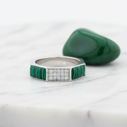 Malachite & Pavé Hexagon Ring - 925 Sterling Silver Band